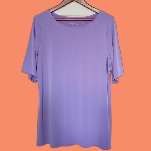 Susan Graver Liquid Knit Lavender PurpleShort Sleeve Blouse L Stretch Mature - Picture 1 of 6